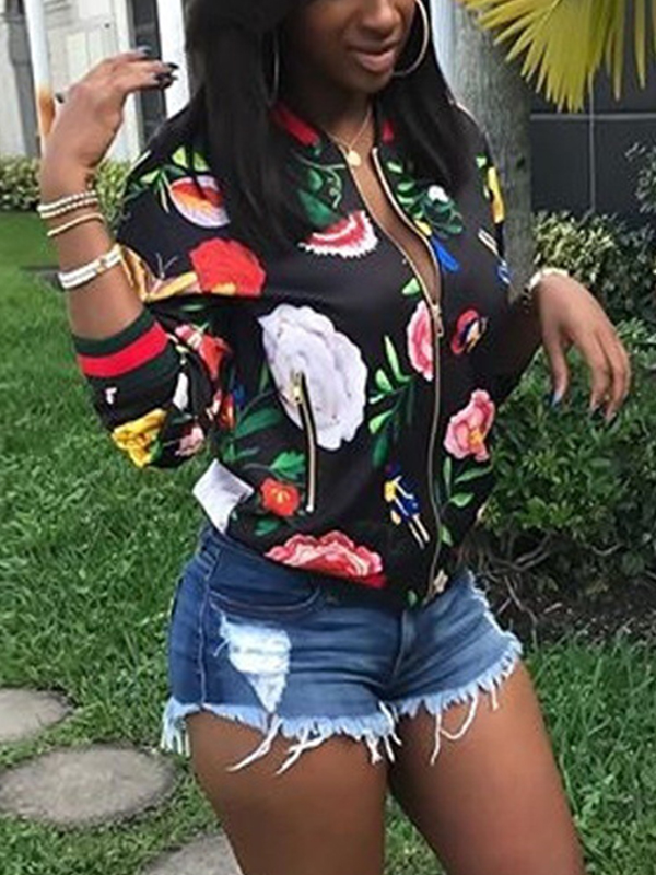 Trendy Round Neck Long Sleeves Printed Black Polyester Short Coat