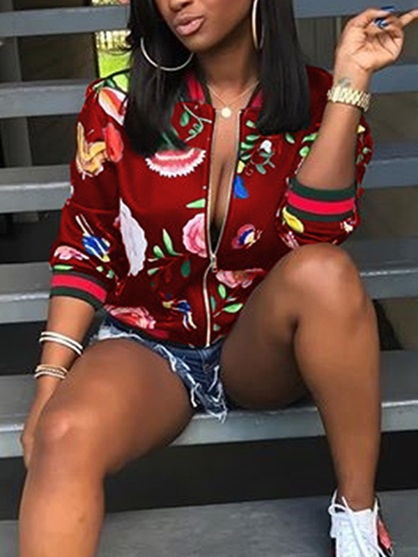 Trendy Round Neck Long Sleeves Printed Red Polyester Short Coat