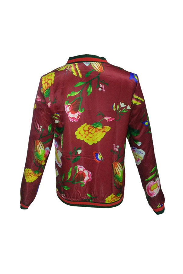 Trendy Round Neck Long Sleeves Printed Red Polyester Short Coat