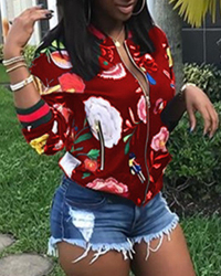 Trendy Round Neck Long Sleeves Printed Red Polyester Short Coat