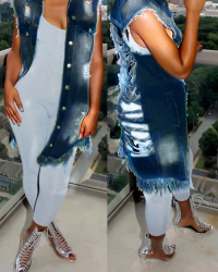 Trendy Turndown Collar Broken Holes Dark  Blue Denim Long Coat