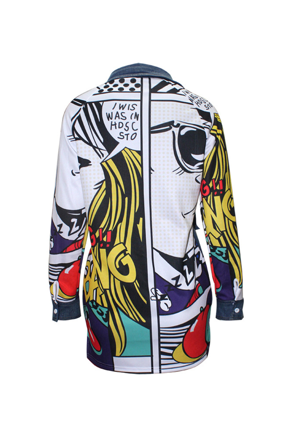 Trendy Turndown Collar Long Sleeves Printed Patchwork Blue Denim Long Coat