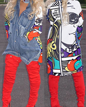 Trendy Turndown Collar Long Sleeves Printed Patchwork Blue Denim Long Coat