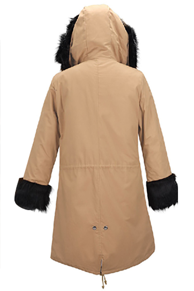 Euramerican Hooded Long Sleeves Fur Design Khaki Cotton Long Parkas