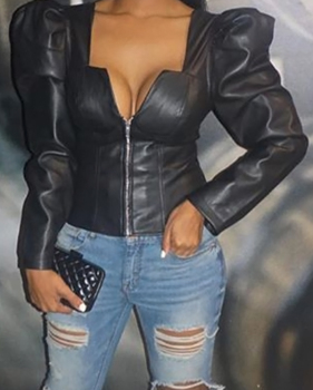 Retro V Neck Zipper Design Black PU Coat Retro V Neck Zipper Design Black PU Coat