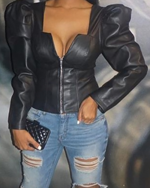 Retro V Neck Zipper Design Black PU Coat Retro V Neck Zipper Design Black PU Coat