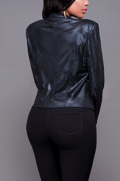 Trendy Turndown Collar Long Sleeves Zipper Design Black PU Jacket