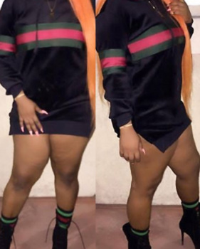  Causal Hooded Collar Long Sleeve Striped Patchwork Black Velvet Hoodies