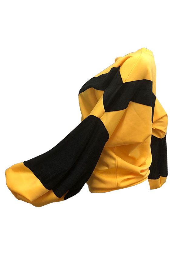  Chic Round Neck Lantern Sleeves Patchwork Yellow Polyester Hoodies