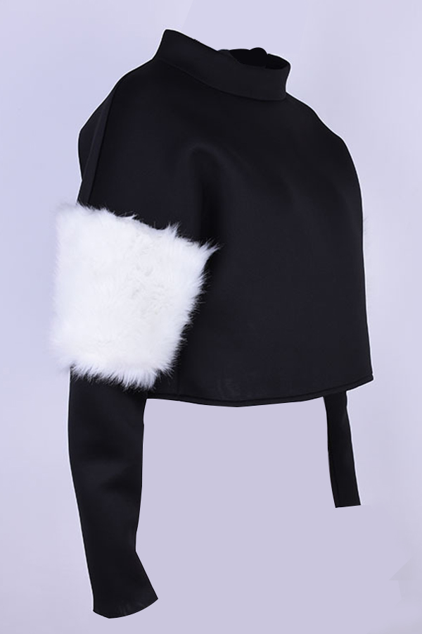  Euramerican Mandarin Collar Villus Patchwork Black Polyester Hoodies