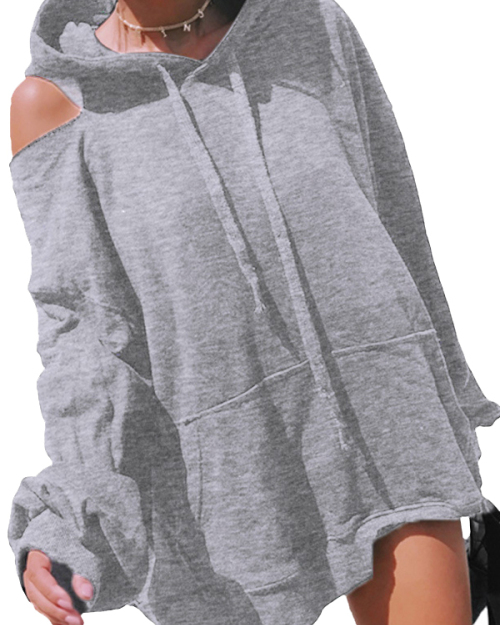 Fashionable Hooded Collar Hollow-out Grey Cotton Hoodies Fashionable Hooded Collar Hollow-out Grey Cotton Hoodies