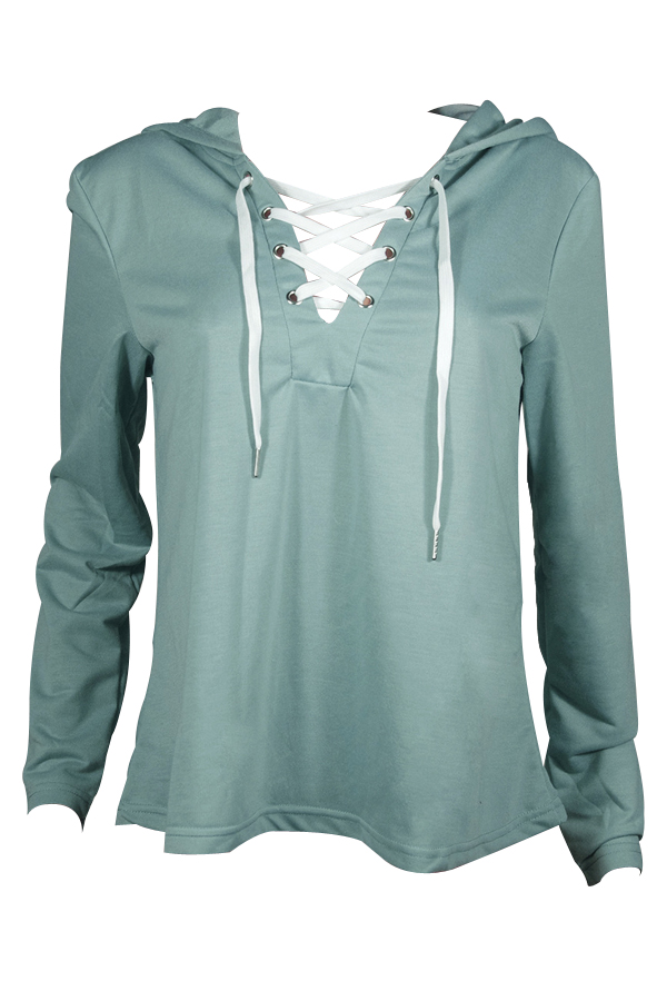  Leisure Long Sleeves Lace-up Green Polyester Hoodies