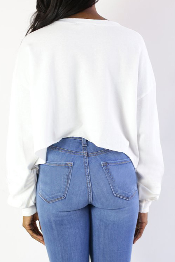  Leisure Long Sleeves Printed White Cotton Pullovers