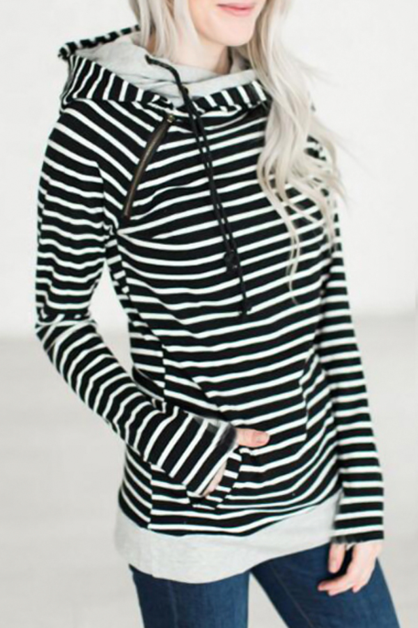  Leisure Long Sleeves Striped Black Polyester Pullovers