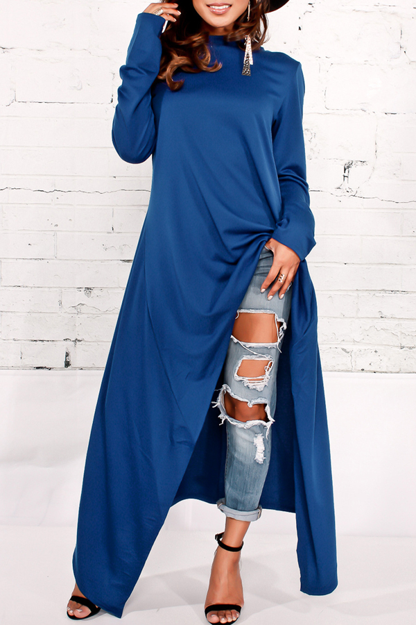  Leisure Round Neck Long Sleeves Blue Cotton Blends Pullovers