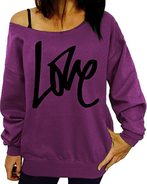 Leisure Round Neck Long Sleeves Letters Printing Purple Cotton Pullover Leisure Round Neck Long Sleeves Letters Printing Purple Cotton Pullover