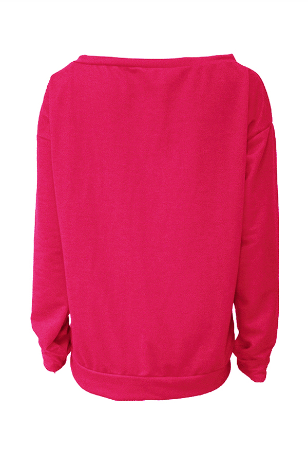  Leisure Round Neck Long Sleeves Letters Printing Rose Red Cotton Pullover