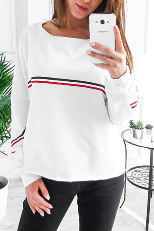  Leisure Round Neck Patchwork White Polyester Pullovers