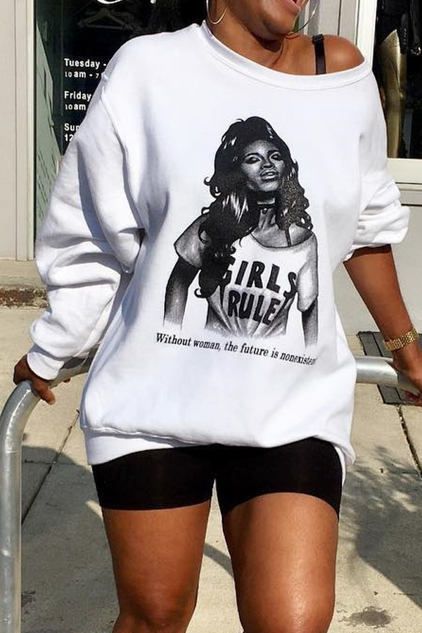  Leisure Round Neck Printed White Cotton Hoodies