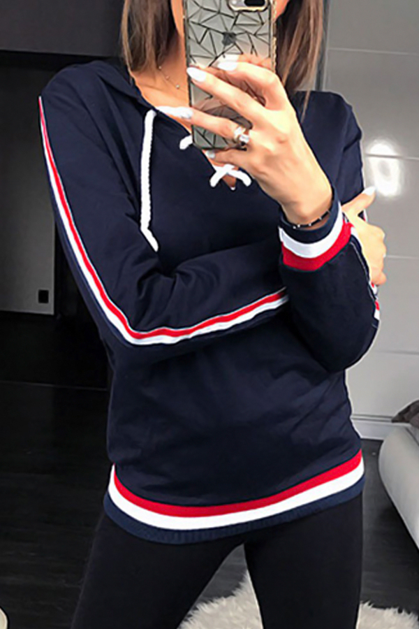  Leisure V Neck Patchwork Blue Polyester Hoodies