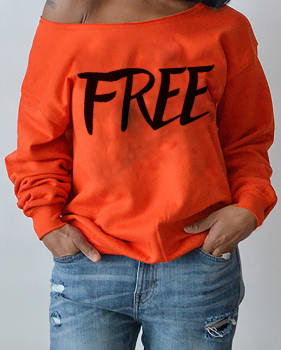 Sexy Dew Shoulder Letters Printing Orange Polyester Hoodies