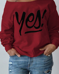  Sexy Dew Shoulder Letters Printing Purplish Red Polyester Hoodies