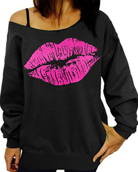  Sexy Dew Shoulder Lips Printed Black Cotton Blends Hoodies