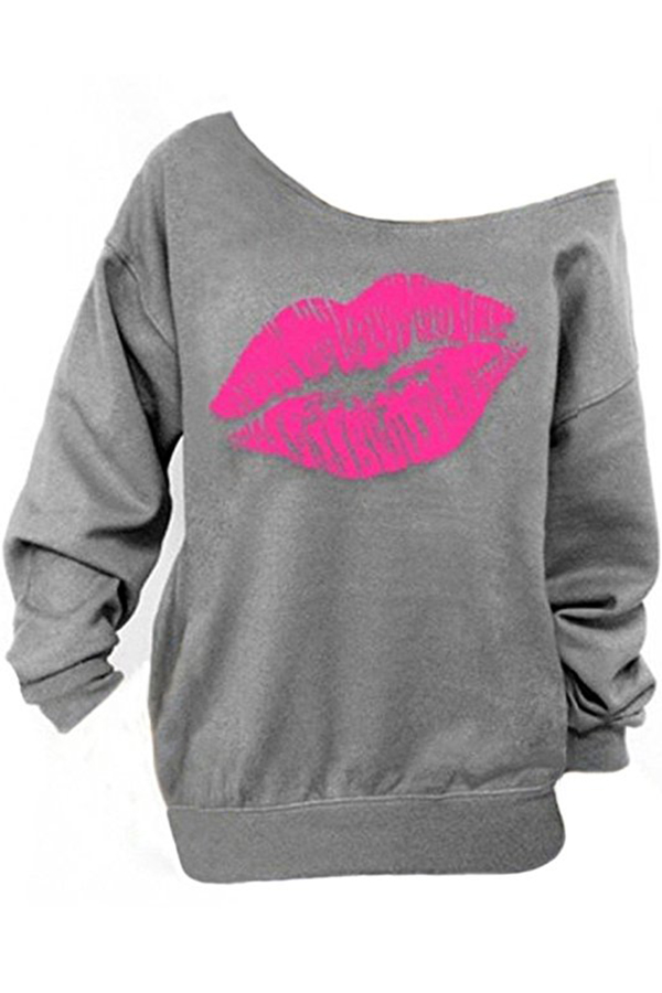  Sexy Dew Shoulder Lips Printed Grey Cotton Blends Hoodies