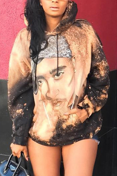 Euramerican Hooded Collar Long Sleeves Printed Gold Polyester Hoodies