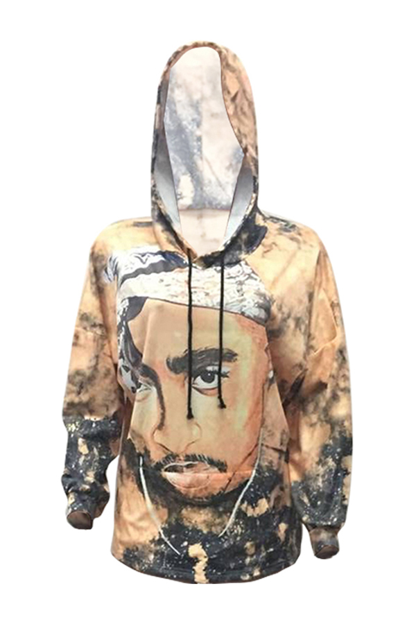 Euramerican Hooded Collar Long Sleeves Printed Gold Polyester Hoodies