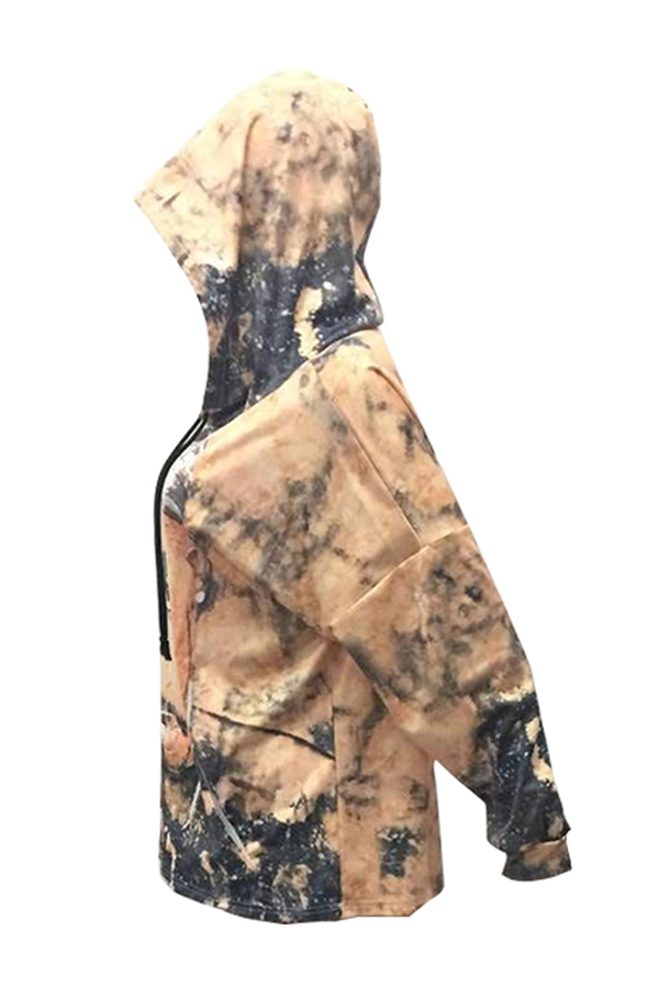 Euramerican Hooded Collar Long Sleeves Printed Gold Polyester Hoodies