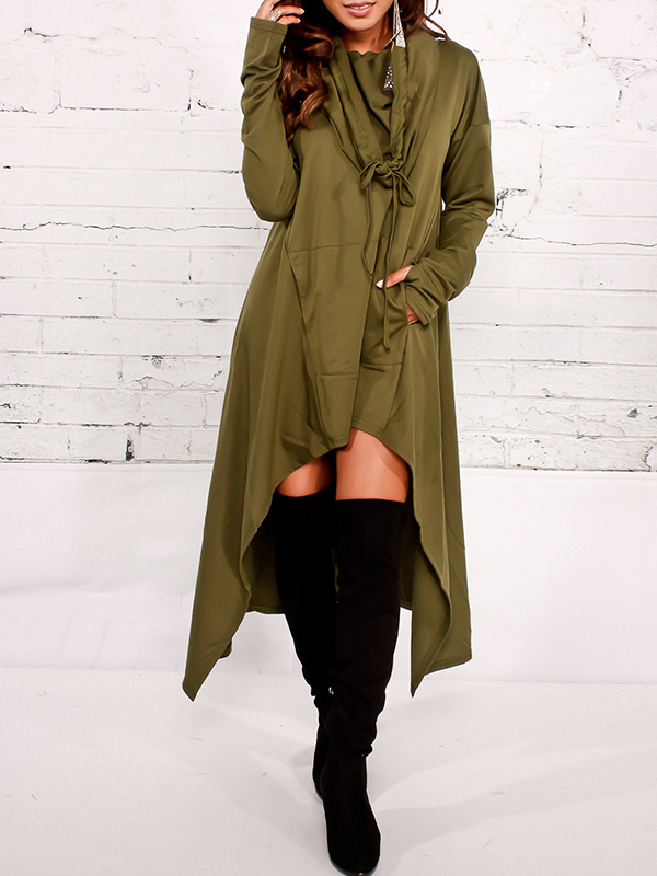 Leisure Heaps Collar Asymmetrical Army Green Cotton Blends Pullovers