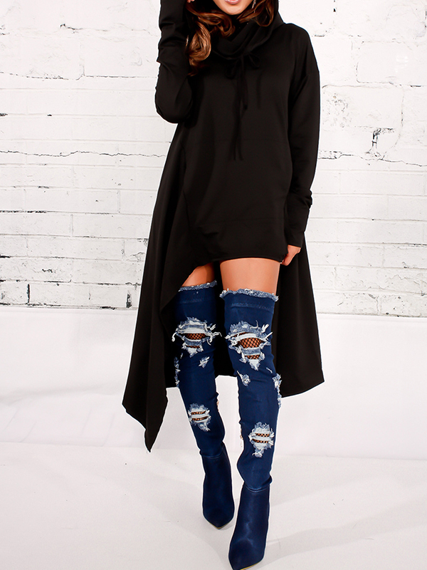 Leisure Heaps Collar Asymmetrical Black Cotton Blends Pullovers