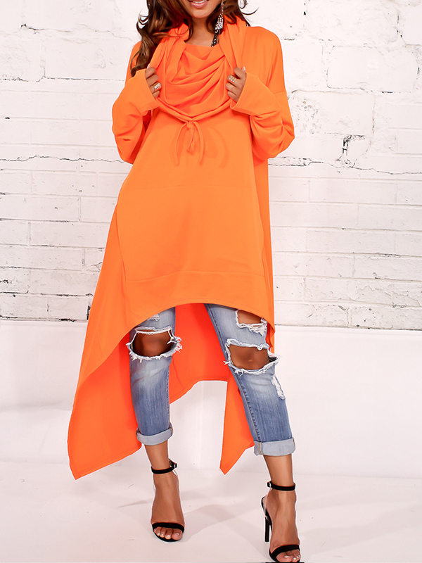 Leisure Heaps Collar Asymmetrical Orange Cotton Blends Pullovers
