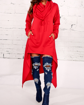 Leisure Heaps Collar Asymmetrical Red Cotton Blends Pullovers