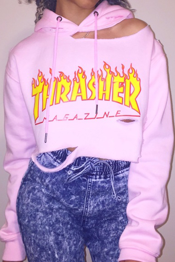 Leisure Long Sleeves Printed Hollow-out Pink Cotton Blends Hoodies