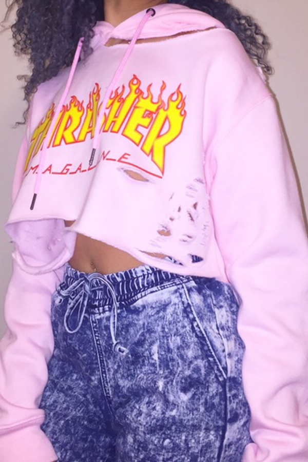 Leisure Long Sleeves Printed Hollow-out Pink Cotton Blends Hoodies