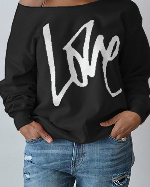 Leisure Round Neck Long Sleeves Letters Printing Black Cotton Pullover Leisure Round Neck Long Sleeves Letters Printing Black Cotton Pullover