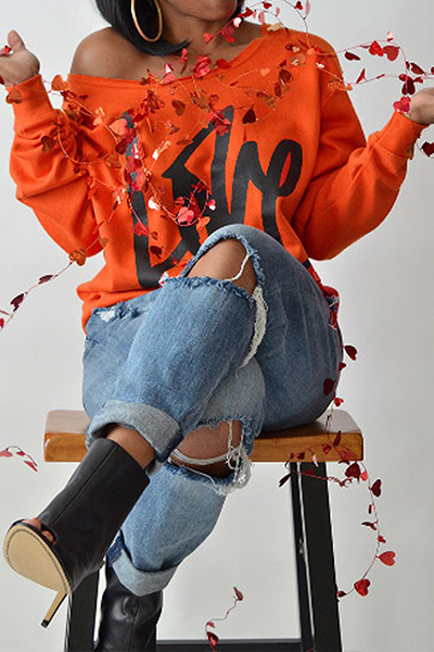 Leisure Round Neck Long Sleeves Letters Printing Orange Cotton Pullover