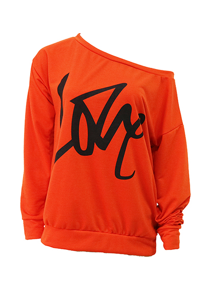 Leisure Round Neck Long Sleeves Letters Printing Orange Cotton Pullover