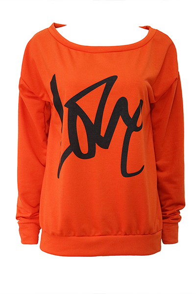 Leisure Round Neck Long Sleeves Letters Printing Orange Cotton Pullover