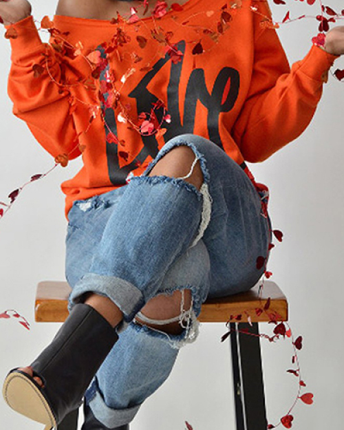 Leisure Round Neck Long Sleeves Letters Printing Orange Cotton Pullover Leisure Round Neck Long Sleeves Letters Printing Orange Cotton Pullover