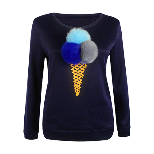 Likable Round Neck Long Sleeves Cone Printed Blue Cotton Hoodies