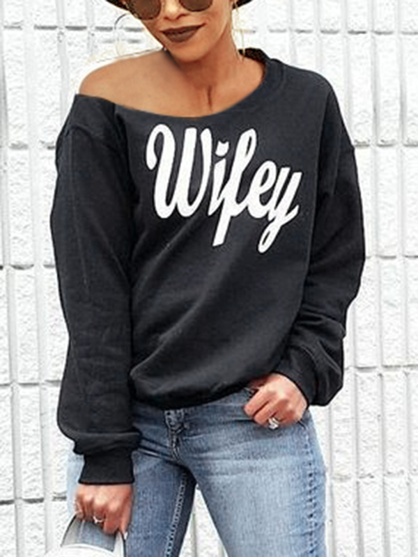 Trendy Dew Shoulder Letters Printed Black Cotton Blends Pullovers