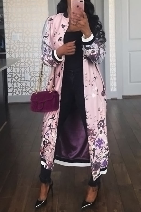 Euramerican Round Neck Printed Pink Polyester Trench Coats