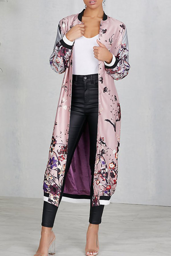 Euramerican Round Neck Printed Pink Polyester Trench Coats