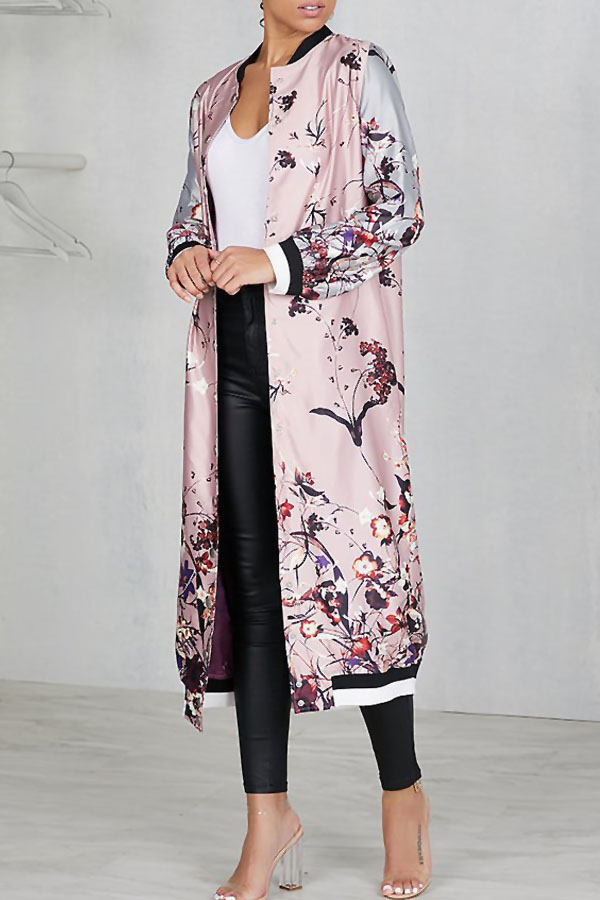 Euramerican Round Neck Printed Pink Polyester Trench Coats