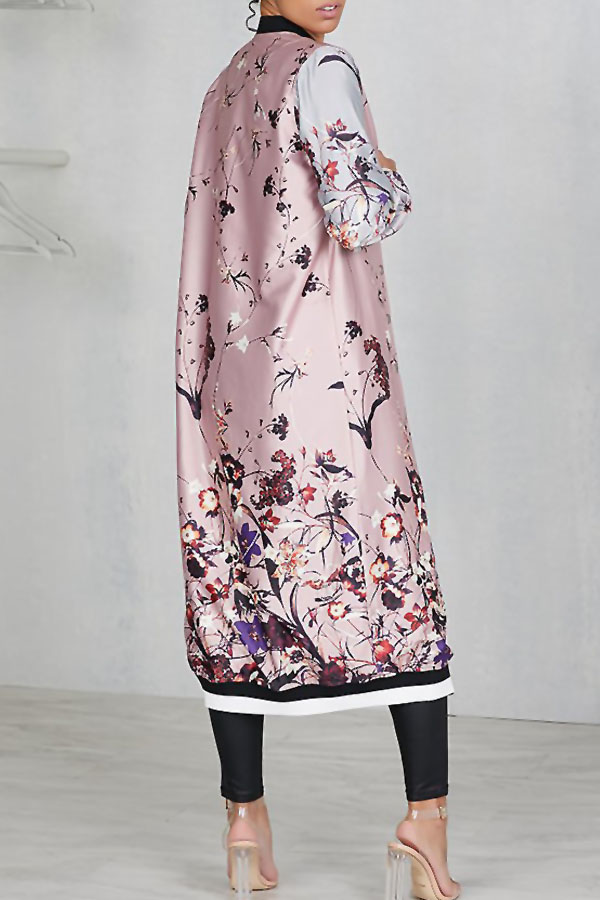 Euramerican Round Neck Printed Pink Polyester Trench Coats