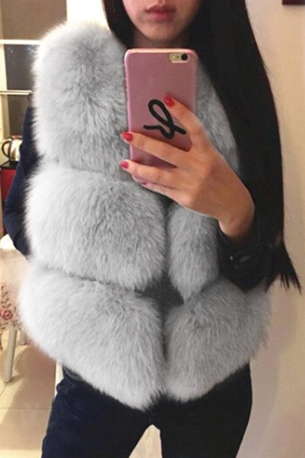  Euramerican V Neck Fur Design Grey Waistcoats