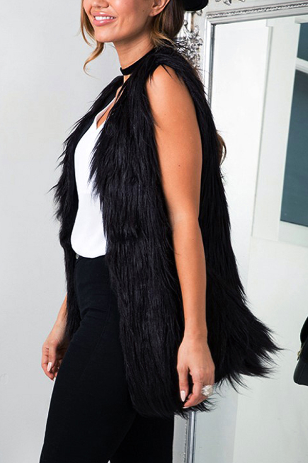  Faux Fur V Neck single breasted Regular Vests&Waistcoats